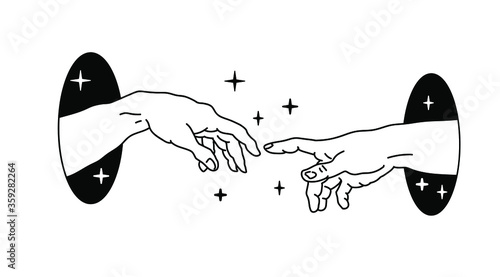 The Creation of Adam in Old school (tattoo) style. Hand drawn illustration from a section of Michelangelo's fresco Sistine.