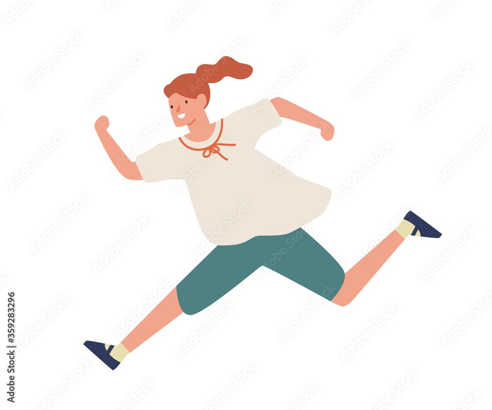 Smiling casual girl running fast vector flat illustration. Happy young teenage female hurry or haste isolated on white background. Funny cartoon character enjoying run having positive emotion Smiling casual girl running fast vector flat illustration. Happy young teenage female hurry or haste isolated on white background. Funny cartoon character enjoying run having positive emotion