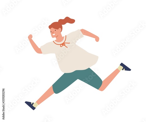 Smiling casual girl running fast vector flat illustration. Happy young teenage female hurry or haste isolated on white background. Funny cartoon character enjoying run having positive emotion