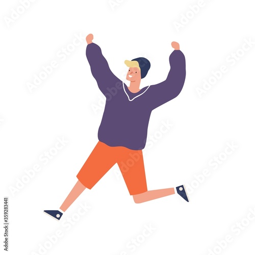 Cute hipster teenager running having fun vector flat illustration. Joyful guy in casual clothes jumping raising hands isolated on white background. Happy male in hat smiling in hurry or haste