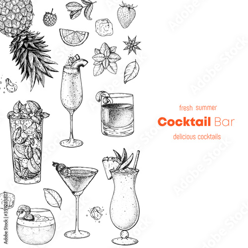Cocktails hand drawn vector illustration. Alcoholic cocktails sketch set. Engraved style. Design template for bar. Tom collins, mai tai, manhattan, negroni, moscow mule, margarita.