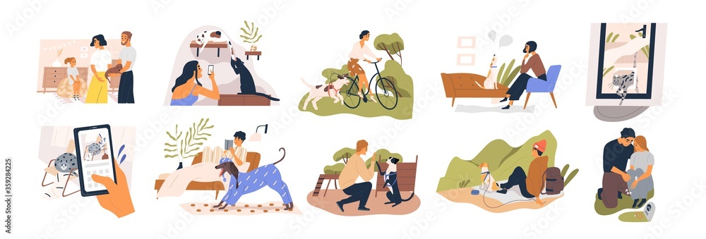 Collection of pets life with their owners in various scene vector flat illustration. Man, woman and child with domestic animals take photo, walking, training, traveling, gift puppy isolated on white