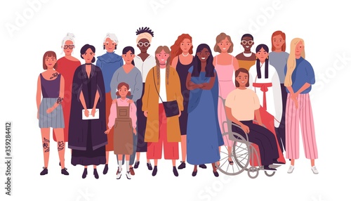 Crowd of joyful multinational woman standing together vector flat illustration. Smiling diverse female isolated on white background. Happy multiethnic adult and young lady. Society or population