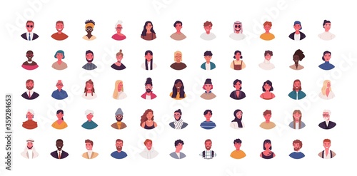Set of different people avatars vector flat illustration. Collection of diverse man and woman portraits isolated on white. Smiling colorful young and adult person. Bundle of multiethnic user avatar photo