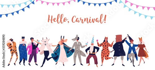 Festive man and woman standing in costumes for masquerade vector flat illustration. Group of joyful people at carnival party with flag garland isolated on white. Funny person celebrating holiday