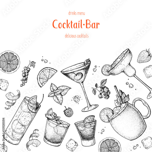 Cocktails hand drawn vector illustration. Alcoholic cocktails sketch set. Engraved style. Design template for bar. Tom collins, mai tai, manhattan, negroni, moscow mule, margarita.