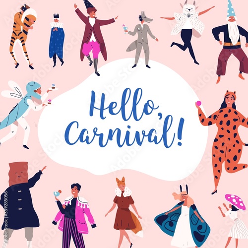 Festive people in mask and carnival apparel celebrating holiday vector flat illustration. Happy man and woman having fun at theme party isolated. Smiling person at masquerade in animals costume