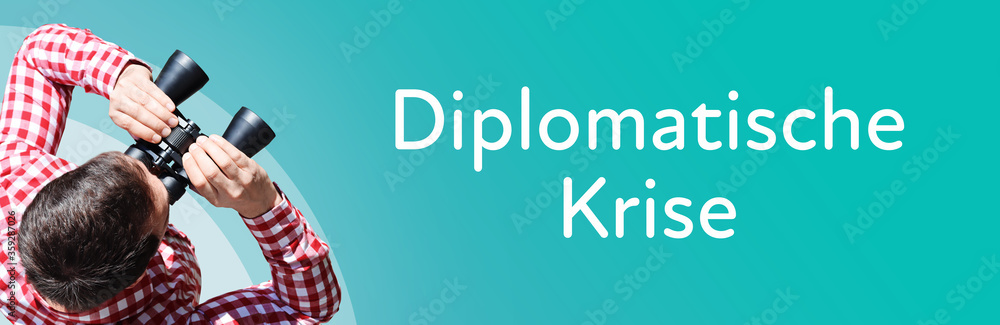 Naklejka premium Diplomatische Krise. Mann mit Fernglas aus Vogelperspektive. Beobachtung, Draufsicht, Panorama. Business Text auf blau. Statistik, Wirtschaft