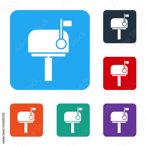 White Mail box icon isolated on white background. Mailbox icon. Mail postbox on pole with flag. Set icons in color square buttons. Vector Illustration