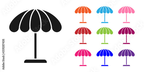 Black Sun protective umbrella for beach icon isolated on white background. Large parasol for outdoor space. Beach umbrella. Set icons colorful. Vector Illustration