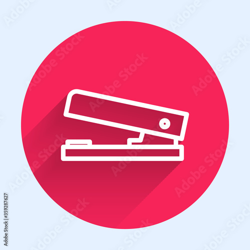 White line Office stapler icon isolated with long shadow. Stapler, staple, paper, cardboard, office equipment. Red circle button. Vector Illustration