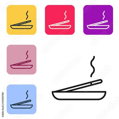 Black line Scented spa stick on a wooden stand icon isolated on white background. Incense stick. Cosmetic procedure aromatherapy. Set icons in color square buttons. Vector Illustration