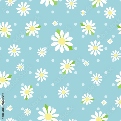 Symmetric flat white daisies over sky blue polka dots, background, seamless pattern.