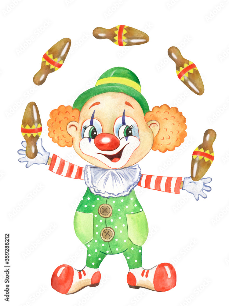 Watercolor illustration of a red-haired clown in a green suit, juggling clown