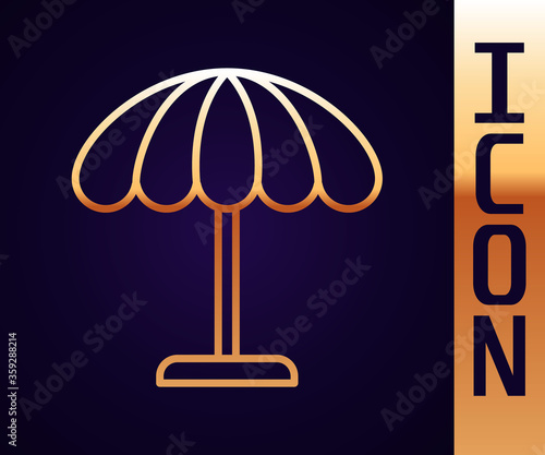 Gold line Sun protective umbrella for beach icon isolated on black background. Large parasol for outdoor space. Beach umbrella.  Vector Illustration