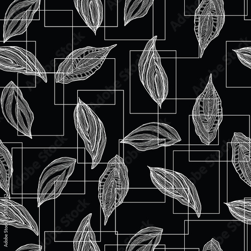 black white geo square frame leaf doodle background design