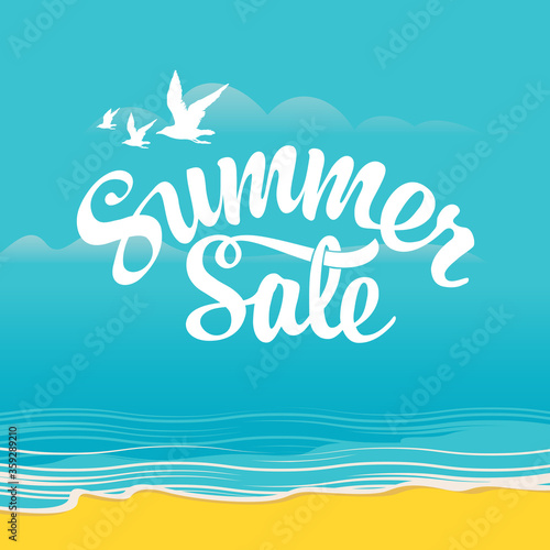 Summer sale banner with a relax seascape. Sale discount illustration. Vector banner with lettering, blue sea, beach and seagulls. Suitable for flyer, label, poster. Special offer prices