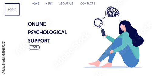 Woman with mental health problems have online psychotherapy session by using her smartphone. Concept of online emotional and psychological support. Vector flat illustration banner for landing page