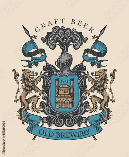 Old brewery coat of arms in vintage style. Hand-drawn illustration on craft beer theme. Suitable for brewery, pub and bar design. Vector heraldry with lions, spears, knightly helmet and shield