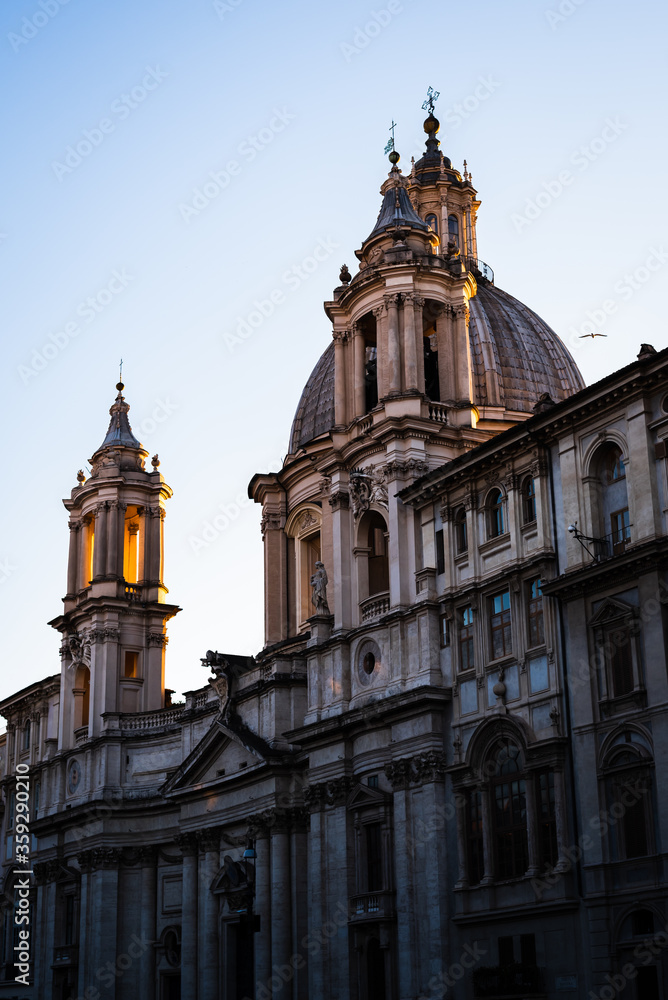 Facade of the building of Piazza Navona at sunset in Rome
