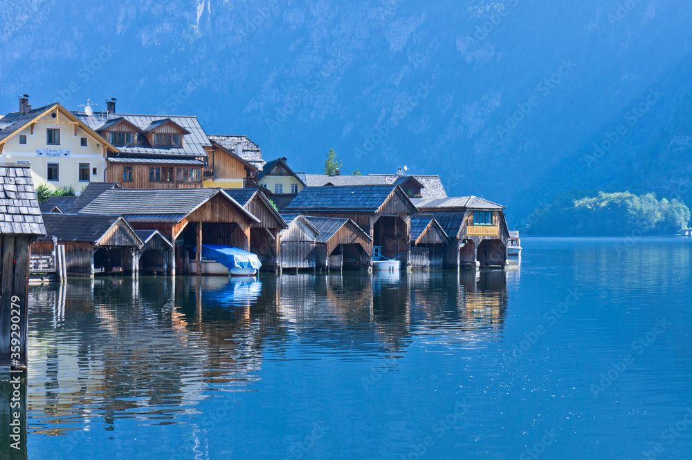 Hallstatt lake in Alps, German style houses, lake view,Alps, Austria Hallstatt lake in Alps, German style houses, lake view,Alps, Austria