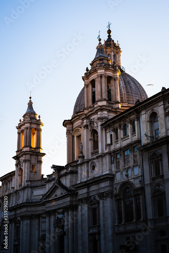 Facade of the building of Piazza Navona at sunset in Rome