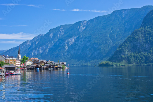 Hallstatt lake in Alps, German style houses, lake view,Alps, Austria