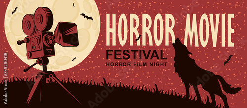 Horror movie. Vector poster for a festival of scary cinema with an old film projector and a werewolf howling at the full moon. Suitable for poster, flyer, banner, billboard, web design, ticket, ad