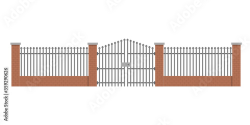 Fence with forged metal and brick pillars.