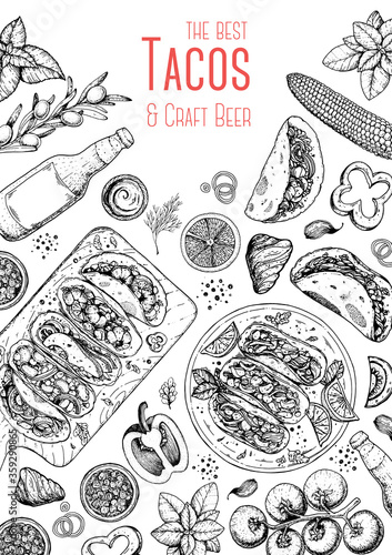Tacos cooking and ingredients for tacos, sketch illustration. Mexican cuisine frame. Fast food menu design elements. Tacos hand drawn frame. Mexican food.