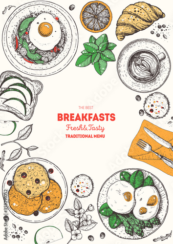 Breakfasts top view frame. Morning food menu design. Breakfast and brunches dishes collection. Vintage hand drawn sketch, vector illustration. Vintage style.