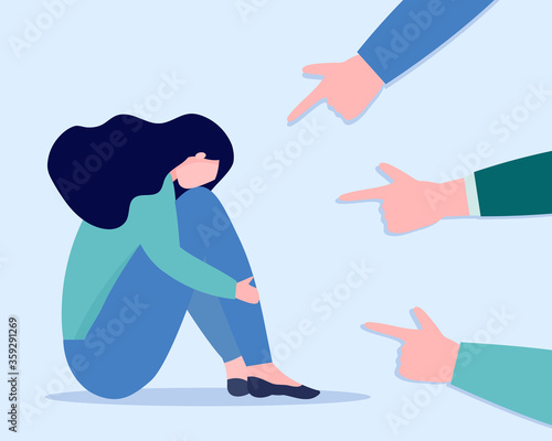Sad woman with depression surrounded with pointed fingers. Concept of social bullying, conviction, denunciation, accusing. Vector flat illustration of victim.