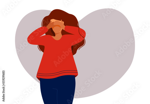 Sad woman with her hands over her eyes, vector illustration against a heart background