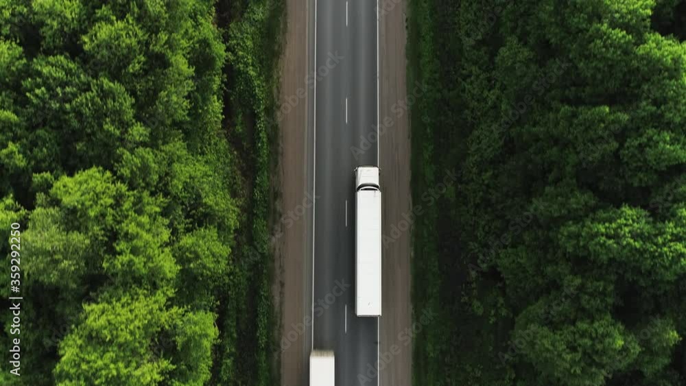One Semi Truck with white trailer and cab driving / traveling alone on dense flat forest asphalt straight empty road, highway top down view follow vehicle aerial footage / Freeway trucks traffic