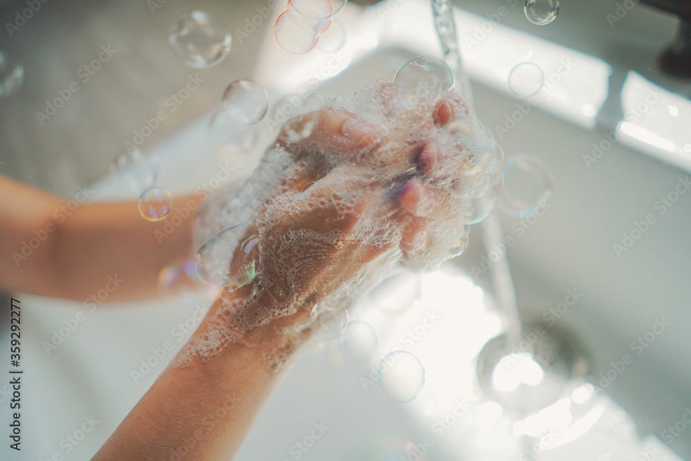 Fototapeta premium hand washing with bubbles, prevention wash #4