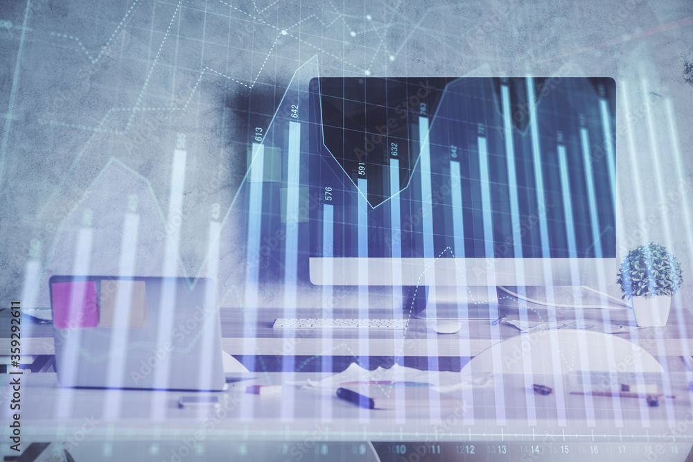 Multi exposure of financial graph drawing and office interior background. Concept of market analysis. Multi exposure of financial graph drawing and office interior background. Concept of market analysis.