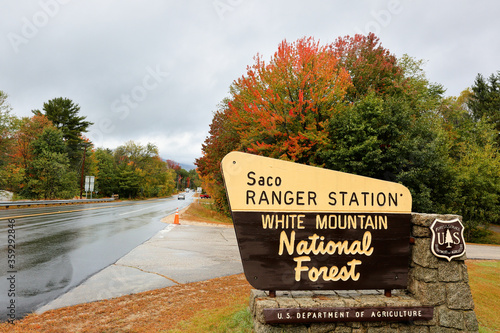 фотографія The White Mountain National Forest Saco Ranger Station Sign at the entrance of Kancamagus Highway with fall foliage in the background