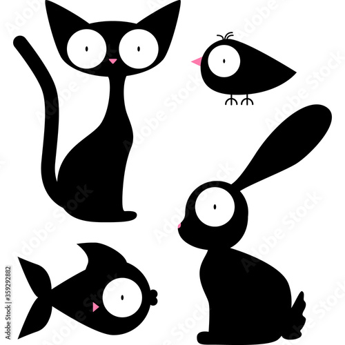 Black silhouettes of cute animals. Stickers design.