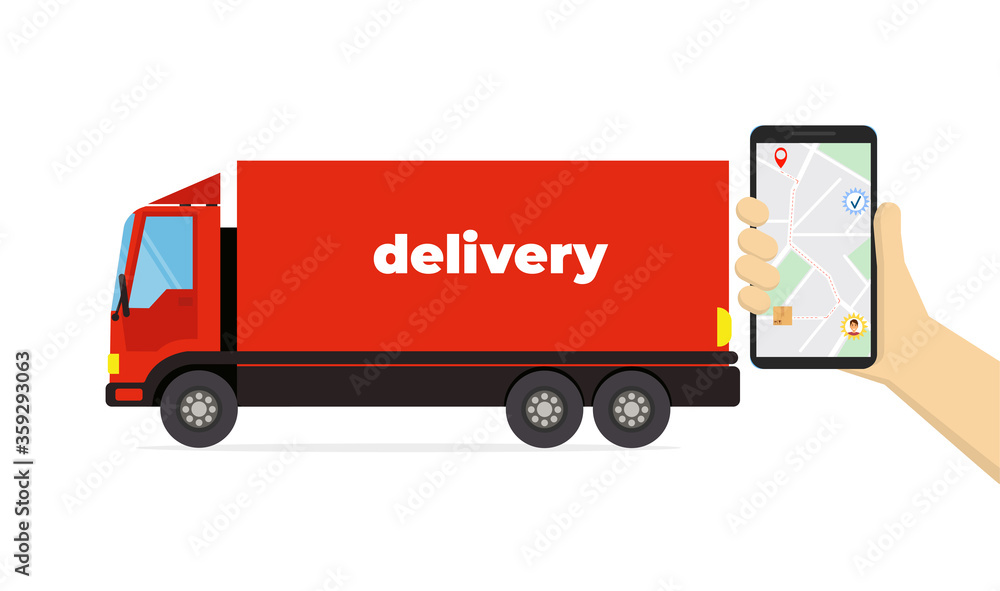 Hand holding mobile smart phone with app delivery tracking. Order delivered message. Vector illustration concept for web landing page template, banner, flyer and presentation. Hand holding mobile smart phone with app delivery tracking. Order delivered message. Vector illustration concept for web landing page template, banner, flyer and presentation.