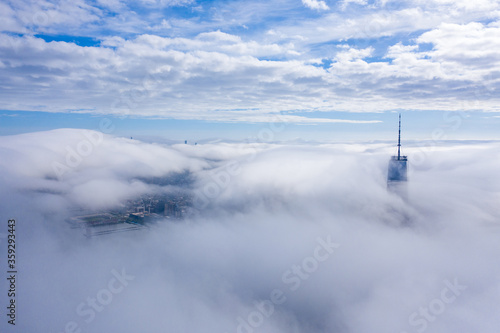 Aerial view of lower Manhattan New York at cloudy day. 