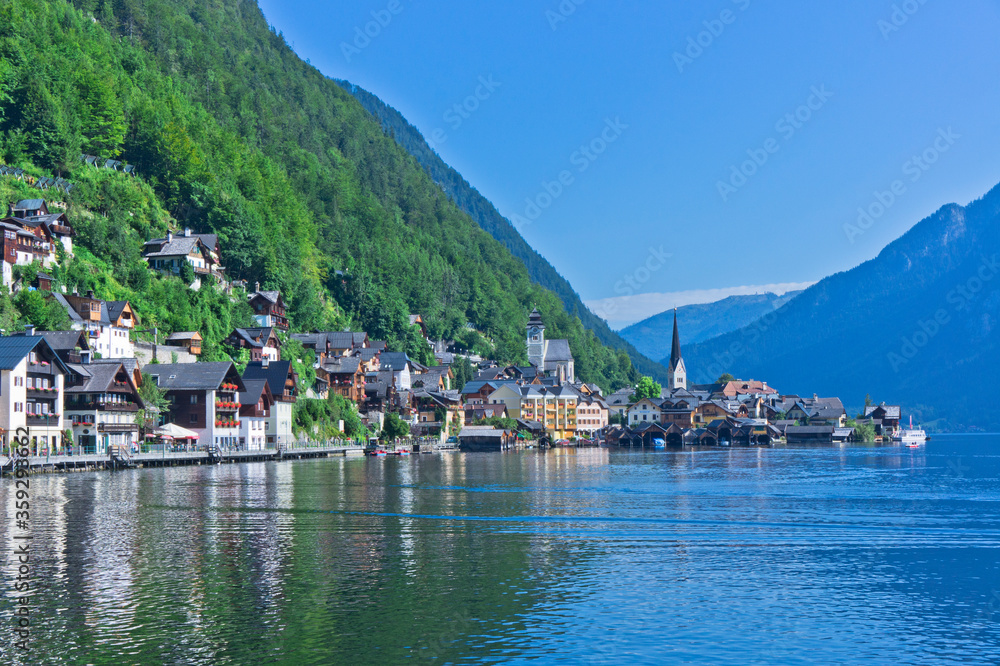 Hallstatt lake in Alps, German style houses, lake view,Alps, Austria Hallstatt lake in Alps, German style houses, lake view,Alps, Austria