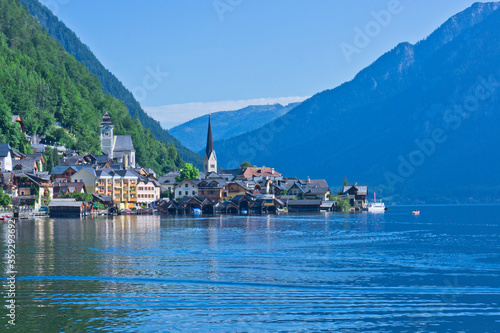 Hallstatt lake in Alps, German style houses, lake view,Alps, Austria