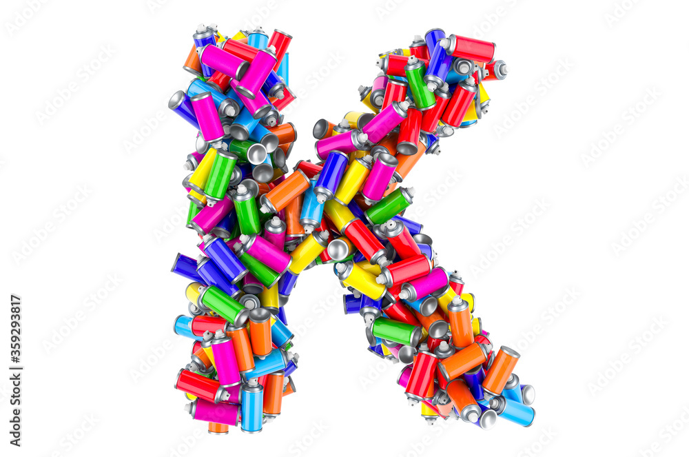 Letter K from colored spray paint cans, 3D rendering