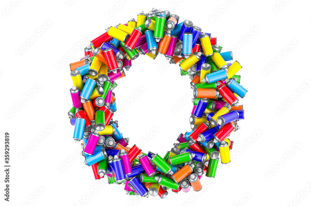 Letter O from colored spray paint cans, 3D rendering
