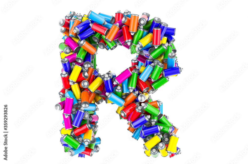 Letter R from colored spray paint cans, 3D rendering