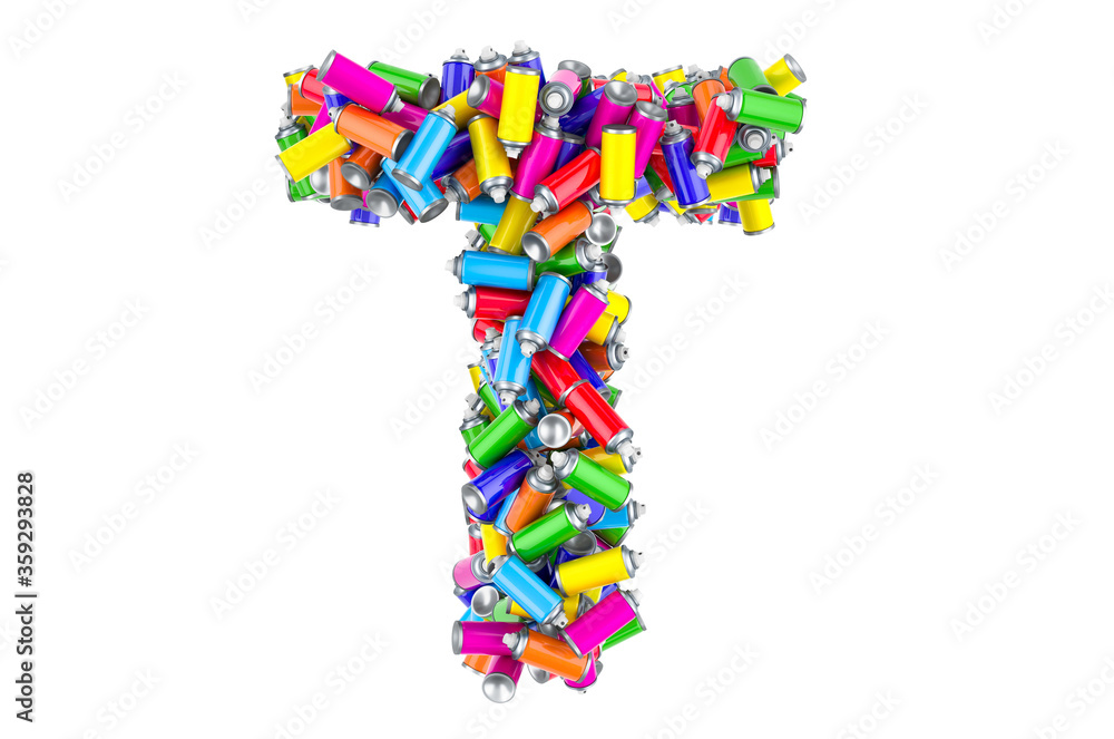 Letter T from colored spray paint cans, 3D rendering