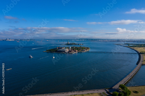 Aerial view of statue of liberty and Ellis Island, Jersey City, New Jersey  