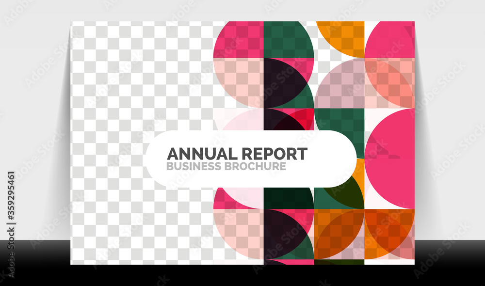 Horizontal A4 business flyer annual report template, circles and triangle style shapes modern geometric design for brochure layout, magazine or booklet Horizontal A4 business flyer annual report template, circles and triangle style shapes modern geometric design for brochure layout, magazine or booklet