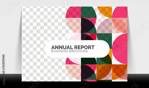 Horizontal A4 business flyer annual report template, circles and triangle style shapes modern geometric design for brochure layout, magazine or booklet