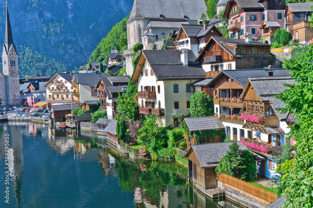 Hallstatt lake in Alps, German style houses, lake view,Alps, Austria